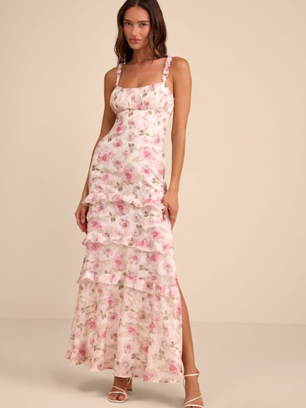 Lulus Remiette Cream Floral Ruffled Empire Waist Maxi Dress White - Size M